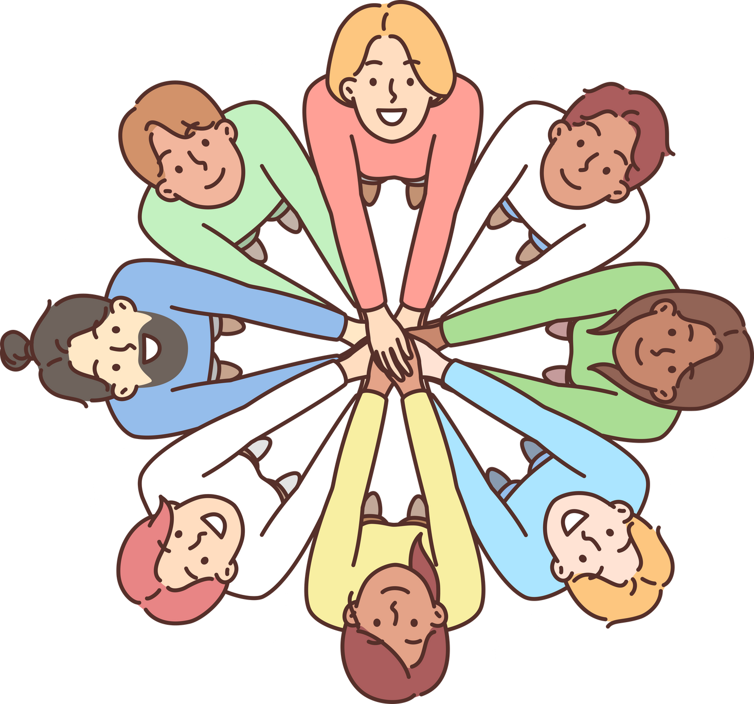 Multiracial people stand in circle with hands outstretched to demonstrate friendship